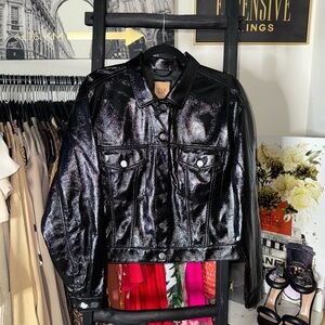 GAP Vegan Patent Leather Icon Jacket Black Glossy Trucker Style Womens Large New